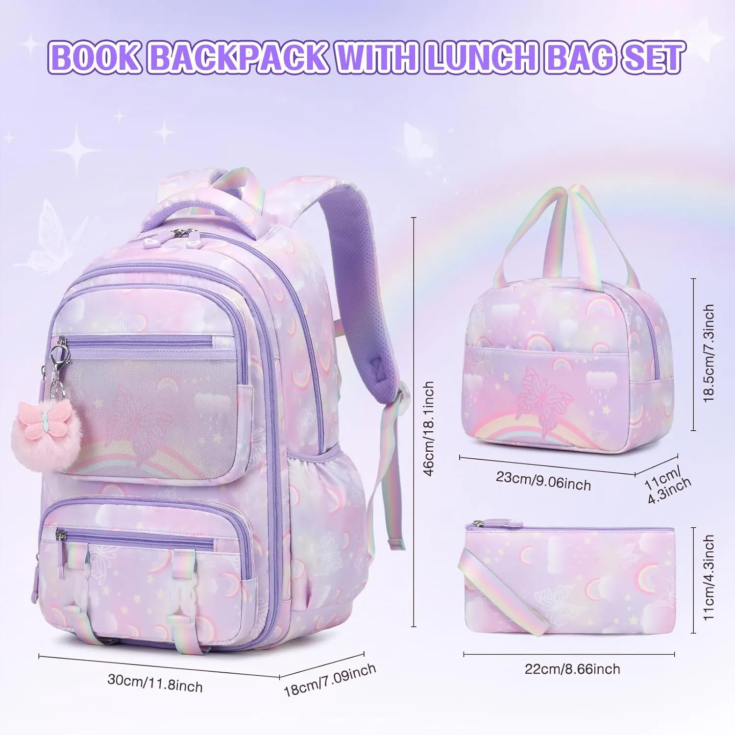 Backpack for Girls, Rainbow Butterfly Girls Backpacks with Lunch Bag Pencil Case Set, Kids Backpack Kindergarten Elementary Middle School Book Bag for Teen Girl Children Students