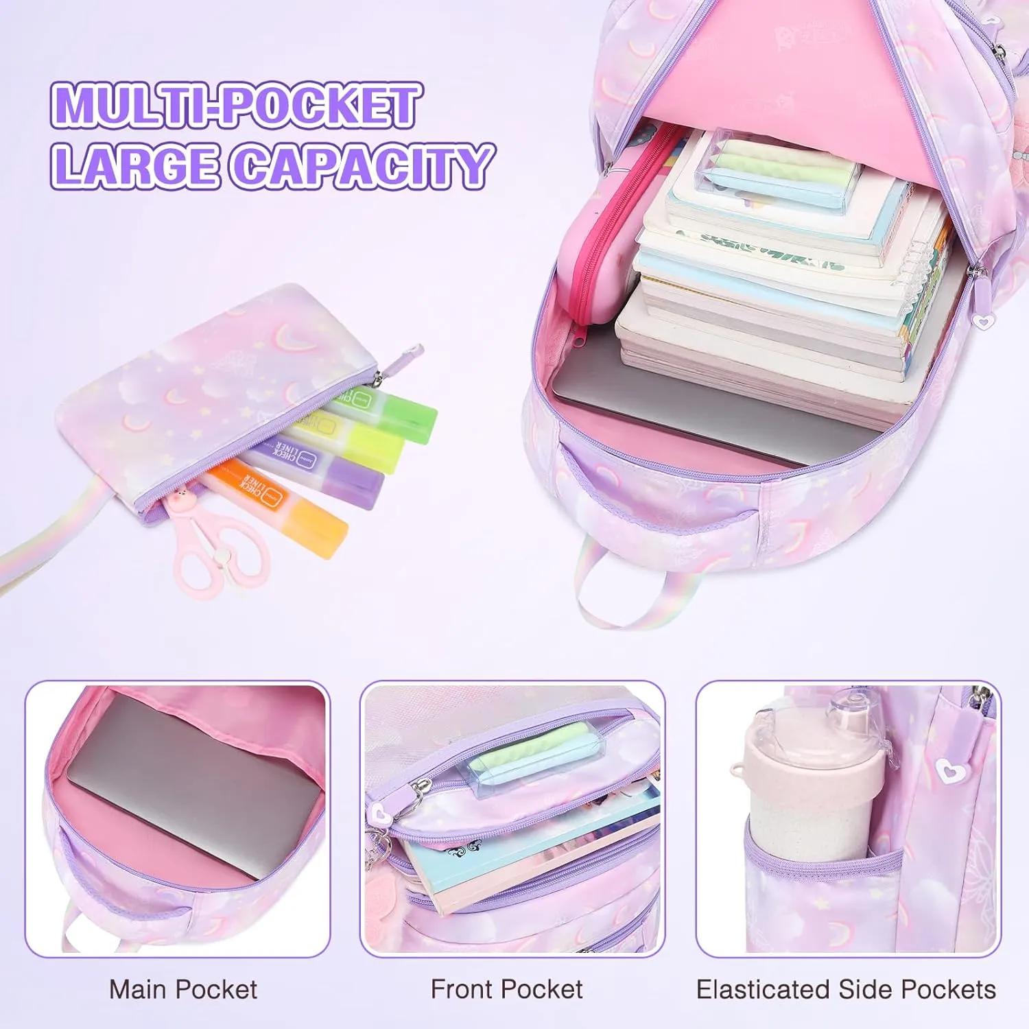 Backpack for Girls, Rainbow Butterfly Girls Backpacks with Lunch Bag Pencil Case Set, Kids Backpack Kindergarten Elementary Middle School Book Bag for Teen Girl Children Students