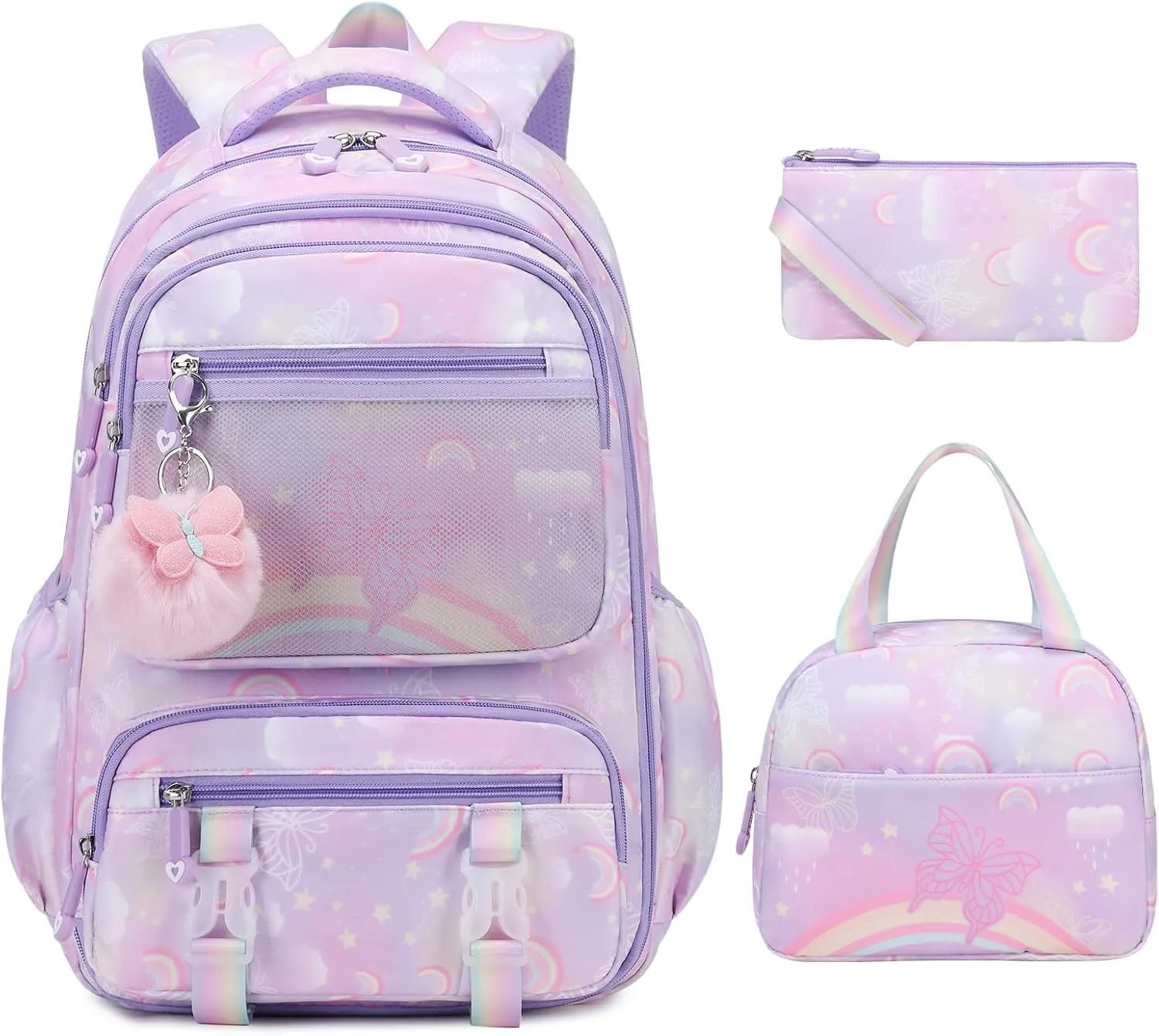 Backpack for Girls, Rainbow Butterfly Girls Backpacks with Lunch Bag Pencil Case Set, Kids Backpack Kindergarten Elementary Middle School Book Bag for Teen Girl Children Students