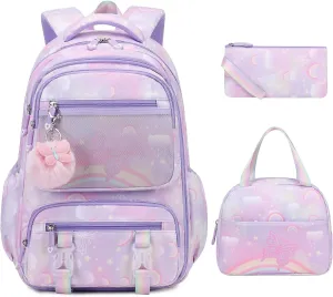 Backpack for Girls, Rainbow Butterfly Girls Backpacks with Lunch Bag Pencil Case Set, Kids Backpack Kindergarten Elementary Middle School Book Bag for Teen Girl Children Students