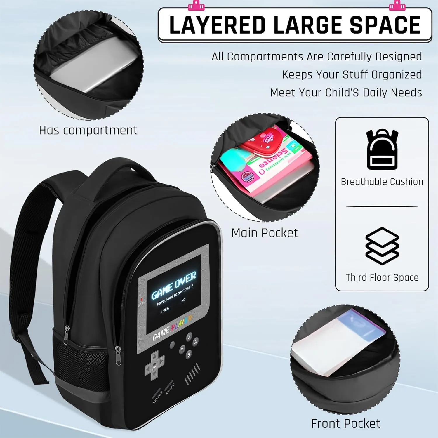 Backpack for School Boys,Gamer Boys Backpack for Elementary Middle School,Student Bookbag for Ages 6-18 Kids Children Teens,17″ Video Game Bookbag Travel Back Pack