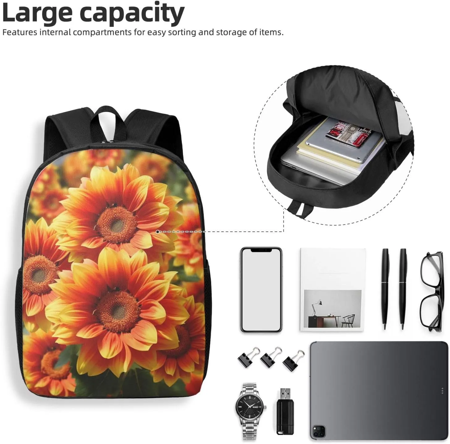 Backpack Orange Sunflower Travel Casual Laptop Backpack 17 inch Waterproof Hiking Daypack for Men Women