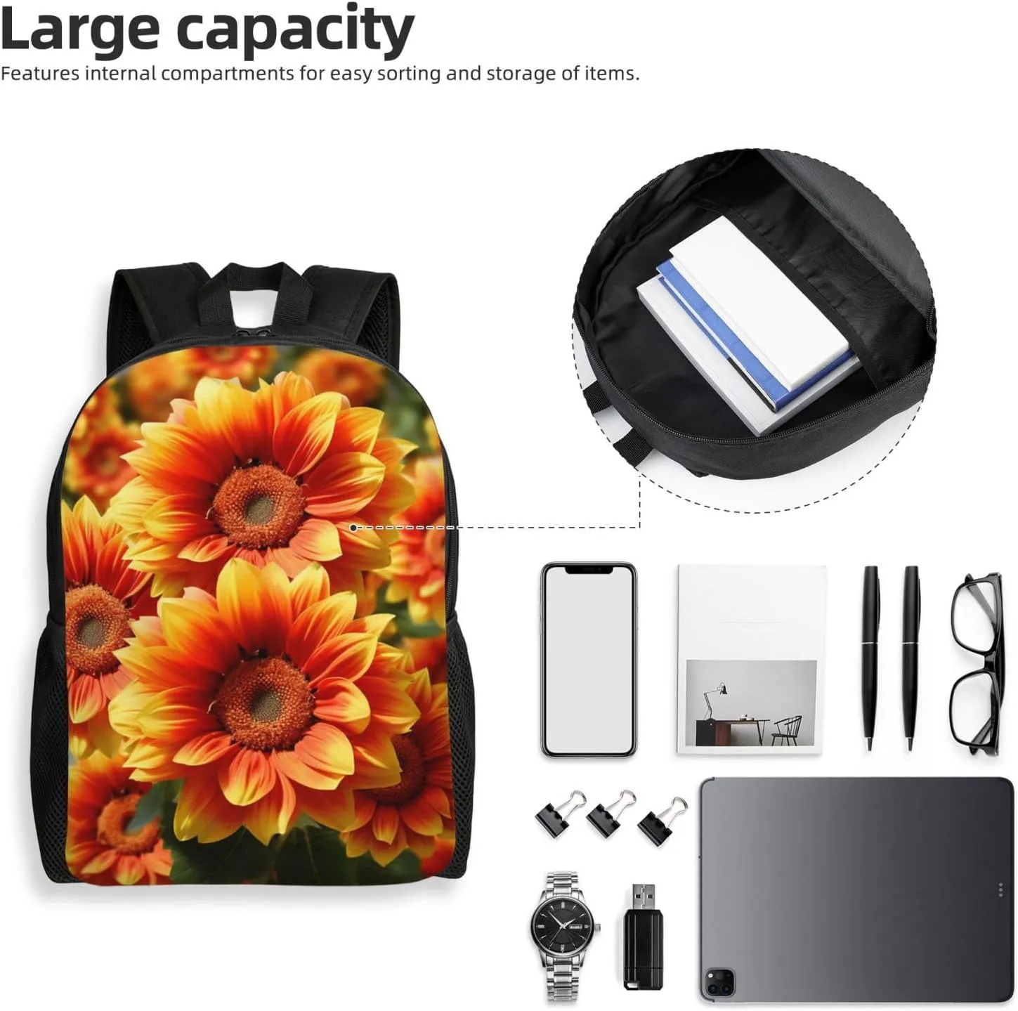 Backpack Orange Sunflower Travel Casual Laptop Backpack Waterproof Hiking Daypack For Men Women