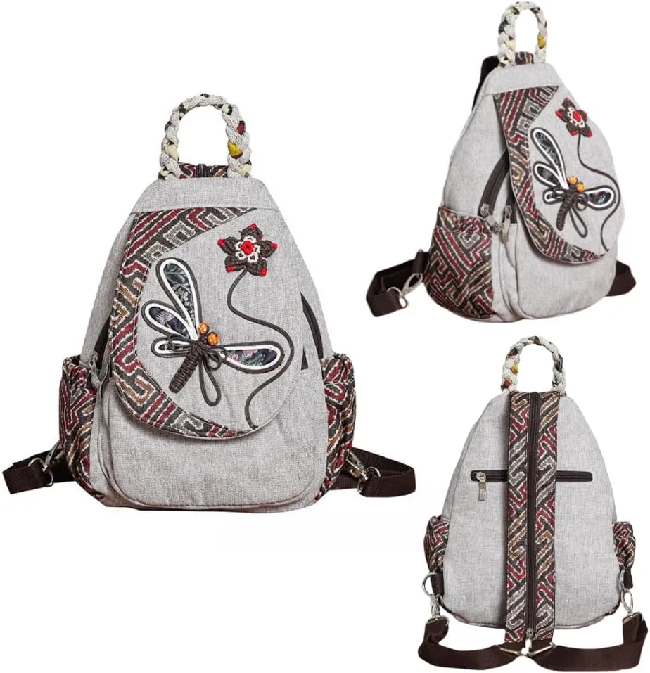 Backpack Purse for Women - Bohemian Hippie Embroidered Woven Canvas Cotton Hemp Small Backpack - Stylish Hippie Women's Mini Backpack Multi Pockets Gift for Mom