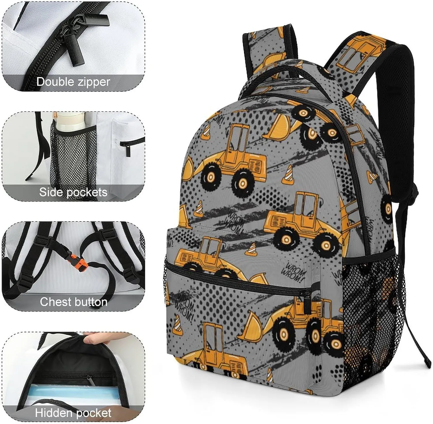 Backpack with Chest Strap Construction Machines Truck Lightweight Casual Daypack Cartoon Travel Computer Notebooks Bag for Men Women