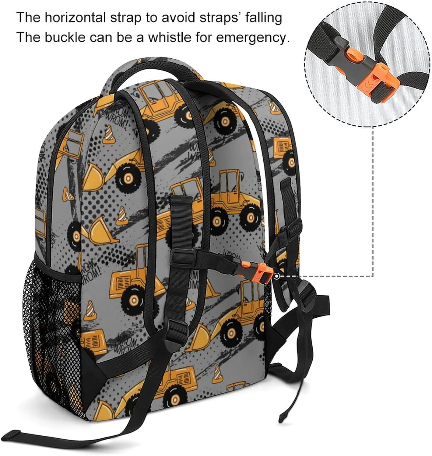 Backpack with Chest Strap Construction Machines Truck Lightweight Casual Daypack Cartoon Travel Computer Notebooks Bag for Men Women