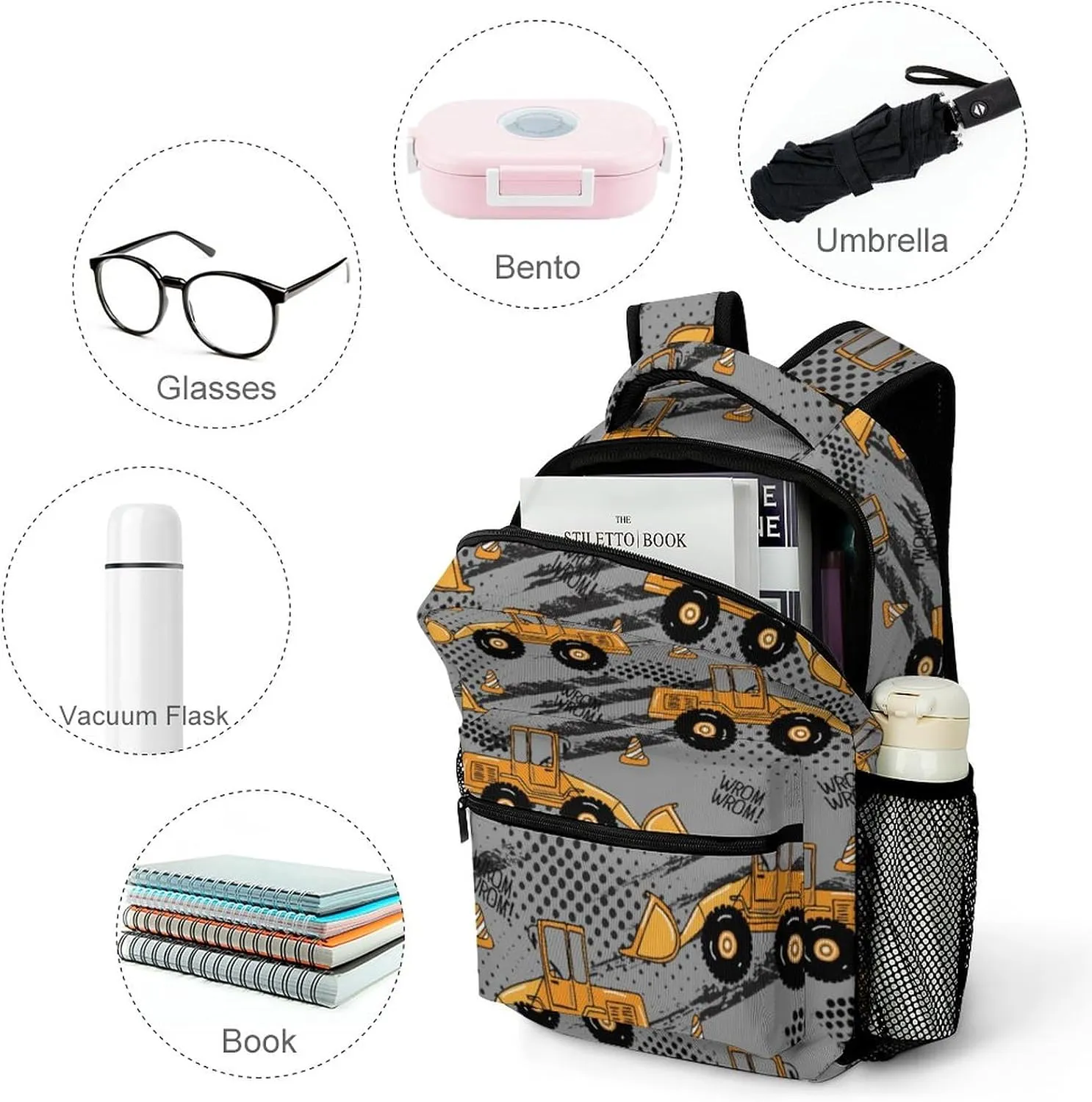 Backpack with Chest Strap Construction Machines Truck Lightweight Casual Daypack Cartoon Travel Computer Notebooks Bag for Men Women