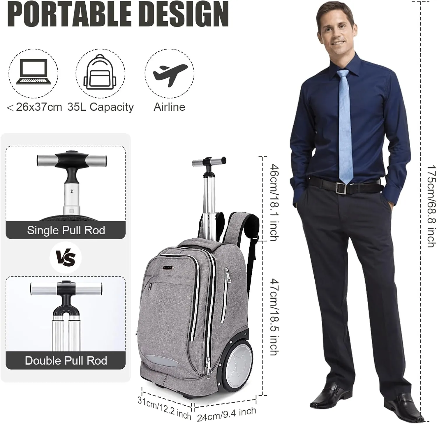 Backpack with Wheel,Rolling Backpack with Double Reinforce Telescoping Handle and Laptop Compartment,Travel Backpack with 7 Inch Large Wheels Easy Going Up and Down Staircase for Business Travel Grey