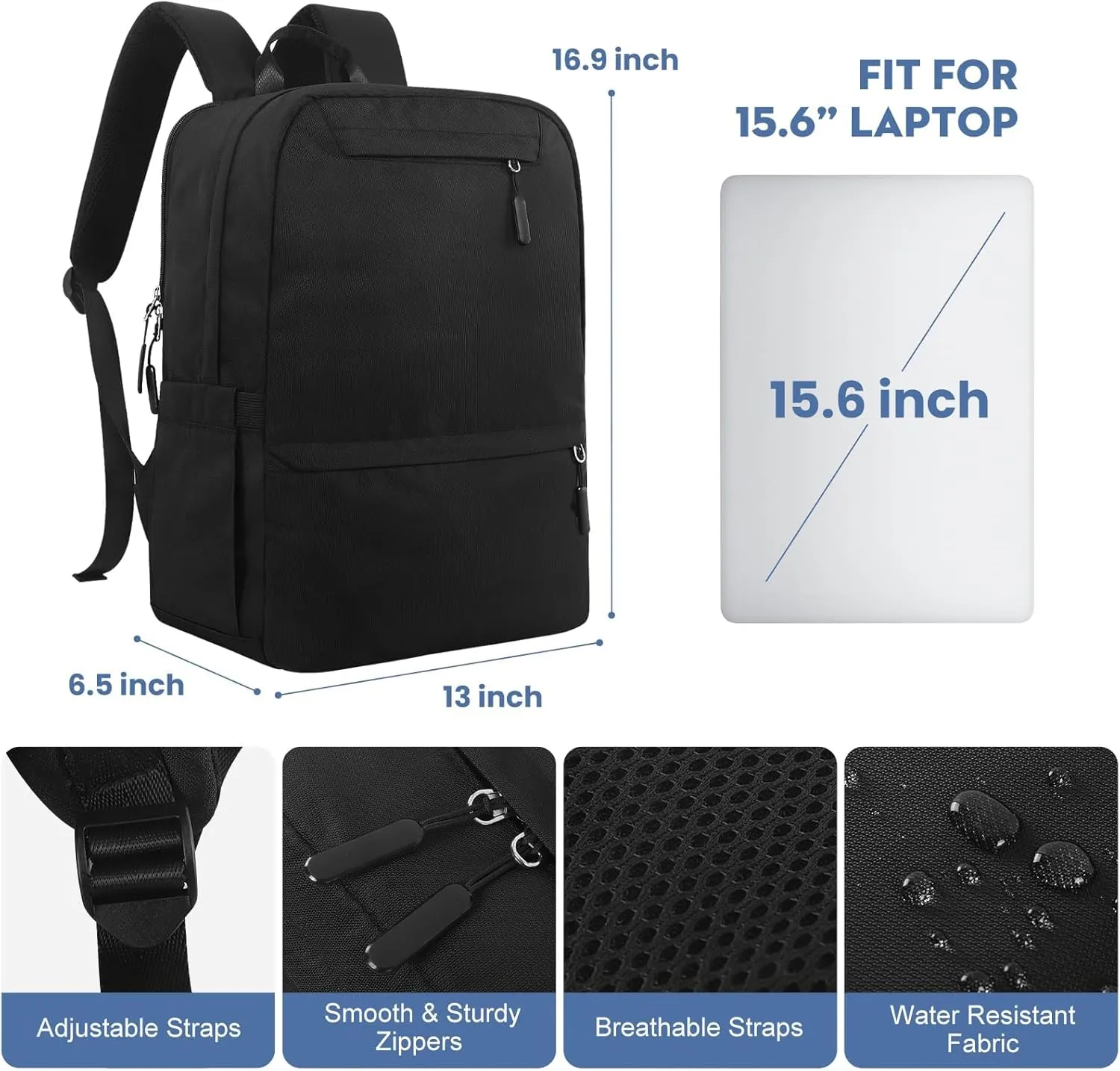 Backpacks for College Students, Black Backpack for Men, School Back pack for Teens, Water Resistant Bookbag Travel Laptop Back Pack 15.6 inch,Mens Work Bags Personal Item Book Bags (Black)