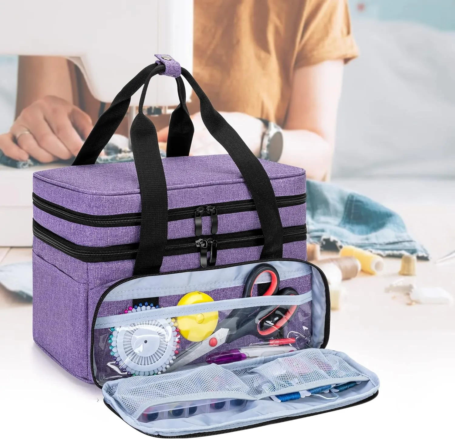 BAFASO Double Layer Sewing Accessories Organizer with 2 Detachable Pouches, Large Sewing Storage Bag for Sewing Tools (BAG ONLY), Purple