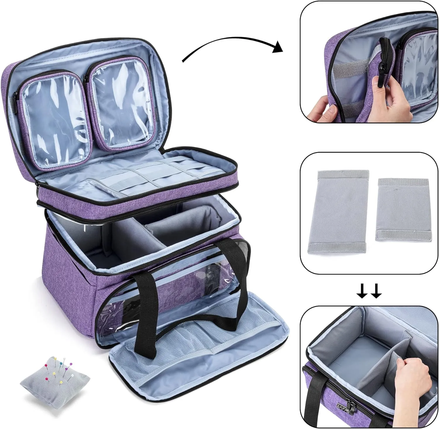 BAFASO Double Layer Sewing Accessories Organizer with 2 Detachable Pouches, Large Sewing Storage Bag for Sewing Tools (BAG ONLY), Purple