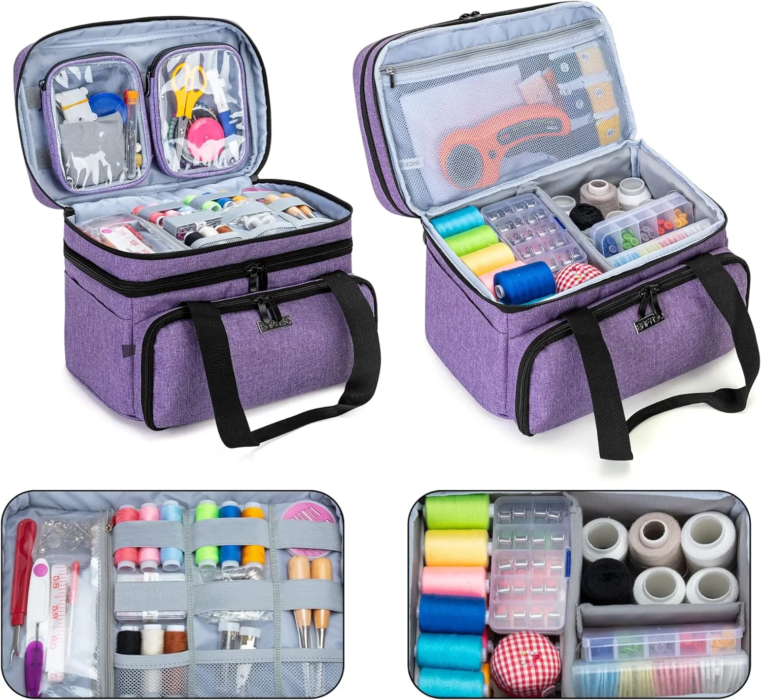 BAFASO Double Layer Sewing Accessories Organizer with 2 Detachable Pouches, Large Sewing Storage Bag for Sewing Tools (BAG ONLY), Purple