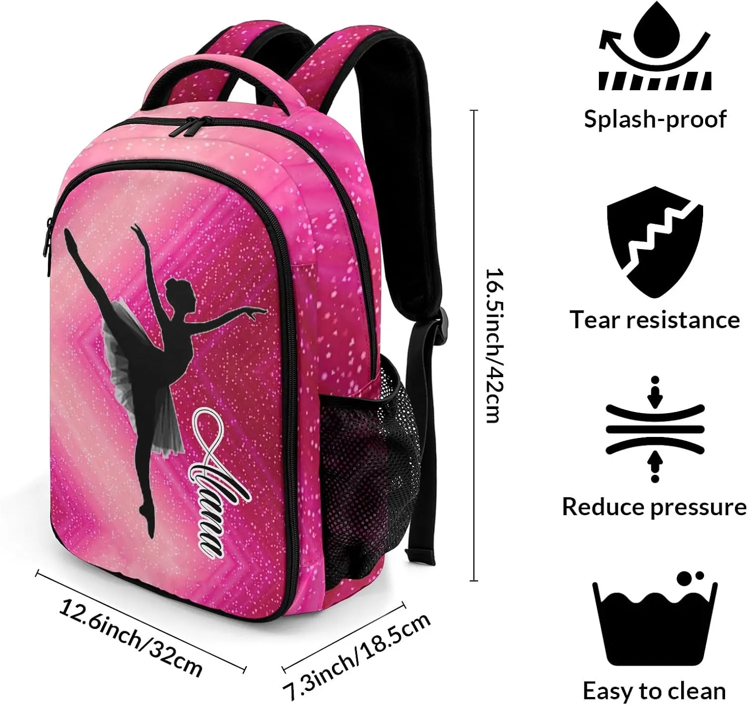 Ballerina Dance Pink Daypack Backpack Laptop Bag Custom Name Shoulder Bags School Backpack for Sports Party