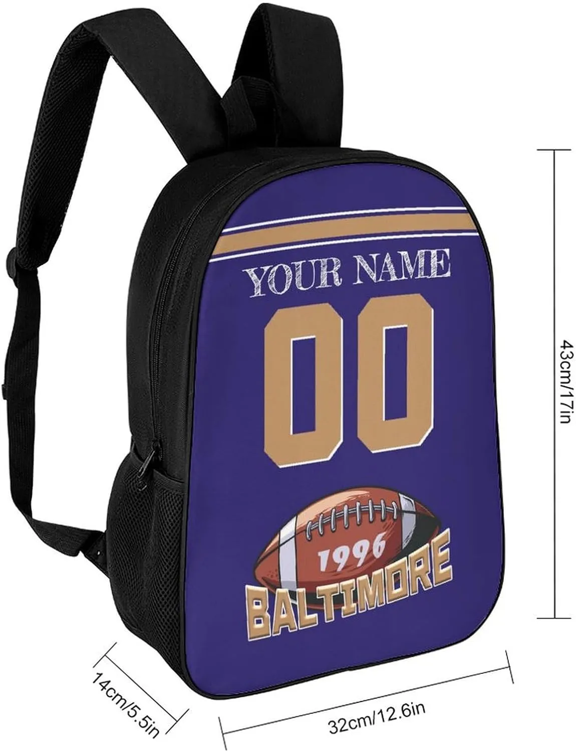 Baltimore Backpack Custom Name Number Laptop Shoulder Bag Bookbag Personalized Sports Gift for Men Women Boy Girl, 17 Inch