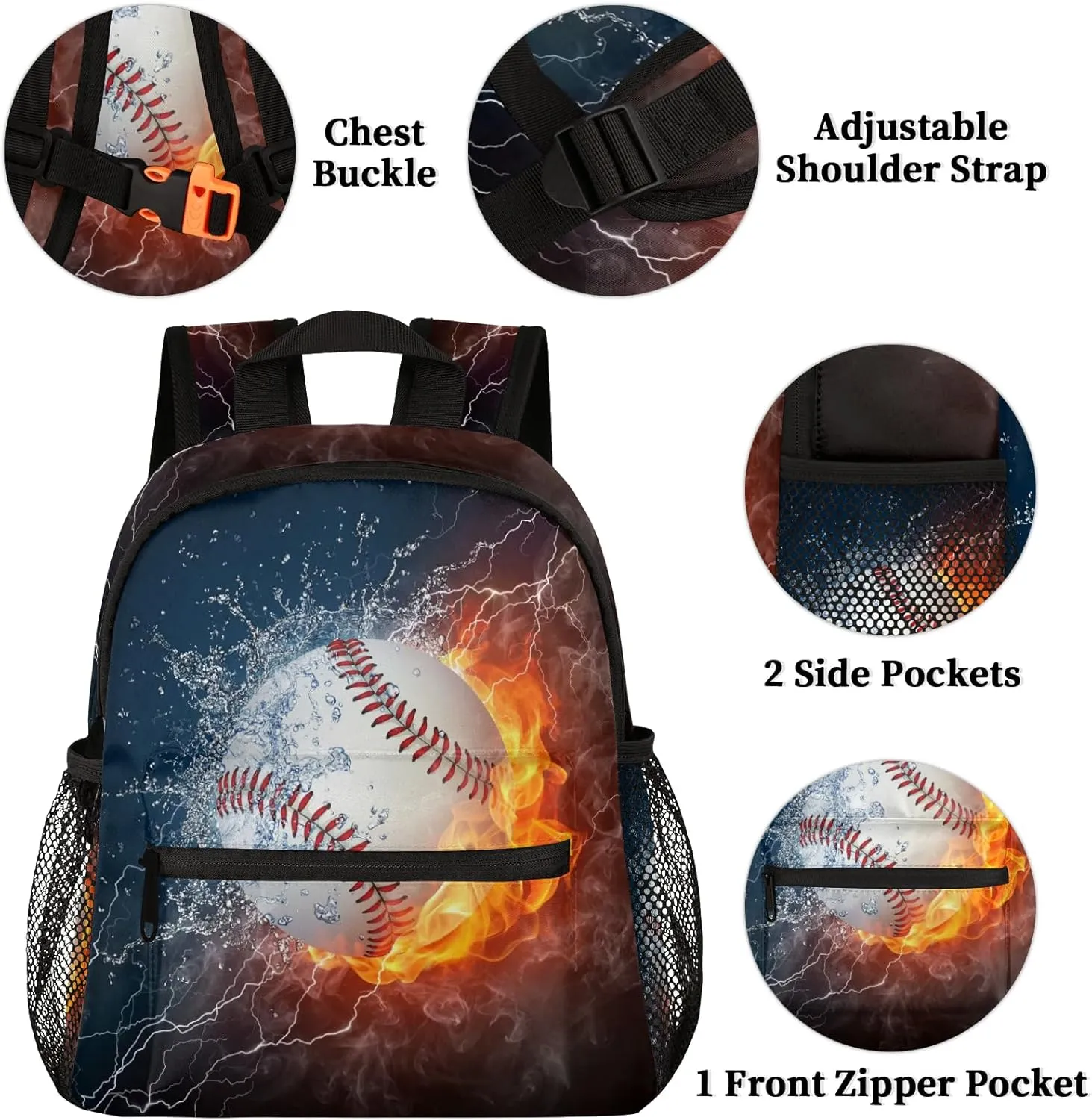 Baseball Fire Water Toddler Backpack for Little Boys Small Bookbags Backpack Preschool Kindergarten Backpack Lightweight Waterproof Mini Travel Student Bookbag