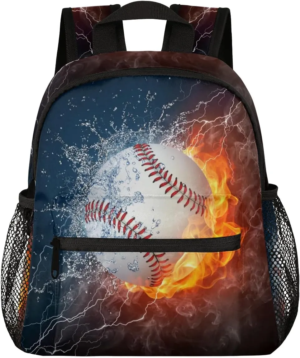 Baseball Fire Water Toddler Backpack for Little Boys Small Bookbags Backpack Preschool Kindergarten Backpack Lightweight Waterproof Mini Travel Student Bookbag
