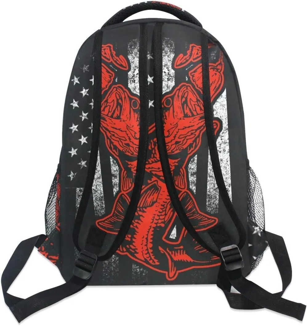 Bass Fishing American Flag Fashion Casual Backpack Bag, Lightweight Backpacks for Adult For Camping,Hiking,Travel (02)