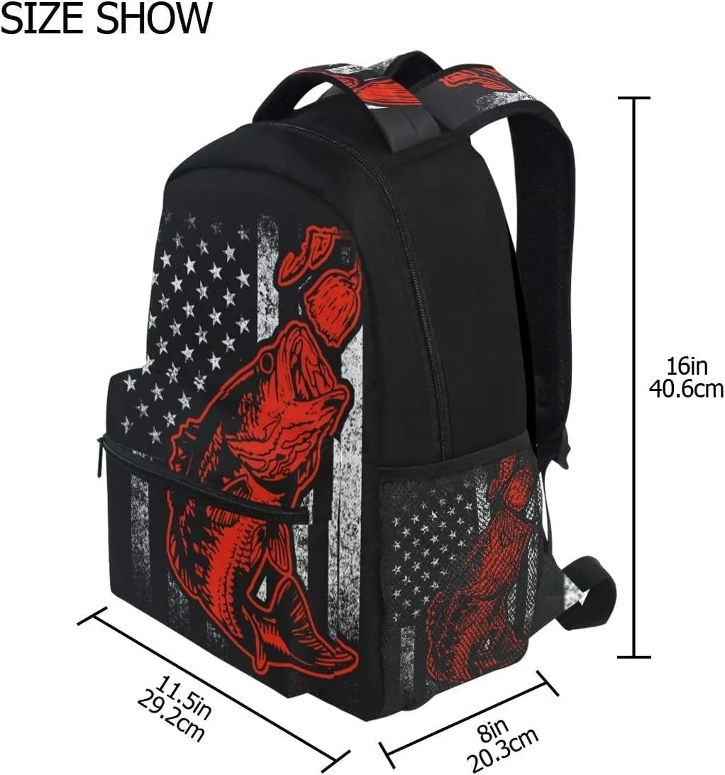 Bass Fishing American Flag Fashion Casual Backpack Bag, Lightweight Backpacks for Adult For Camping,Hiking,Travel (02)