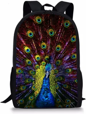Beginterest Peacock Print Backpacks for School Kids Boys Girls Bookbags