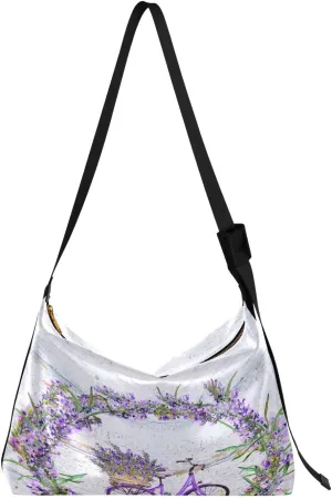 Bicycle Lavender Flowers Hobo Crossbody Bags for Women Leather Large Shoulder Bag Cross Body Purple Lilac Spring Board Trendy Womens Tote Bags Handbag for Travel Shopping