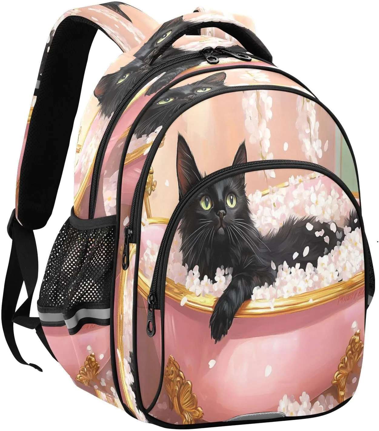 Black Cat Lies Pink Bathtub Backpacks Elementary School Shoulder Bag Bookbag for Girls Kids Boys, Small