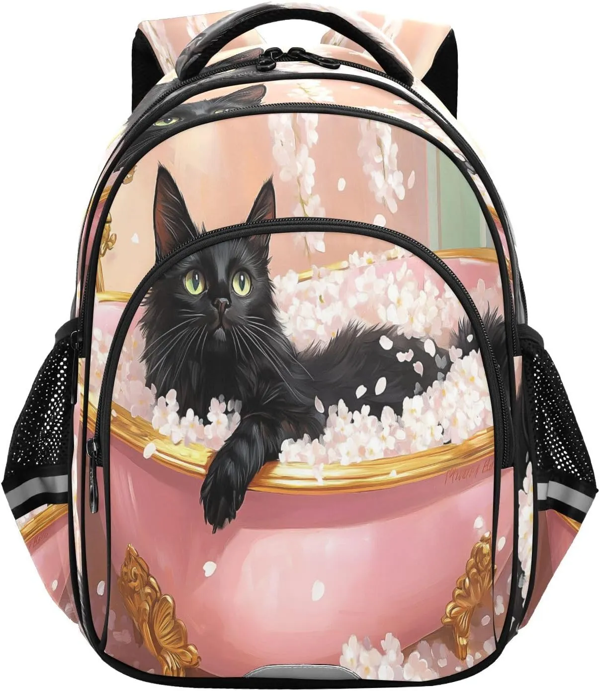 Black Cat Lies Pink Bathtub Backpacks Elementary School Shoulder Bag Bookbag for Girls Kids Boys, Small