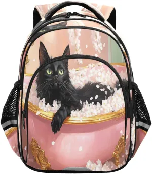 Black Cat Lies Pink Bathtub Backpacks Elementary School Shoulder Bag Bookbag for Girls Kids Boys, Small