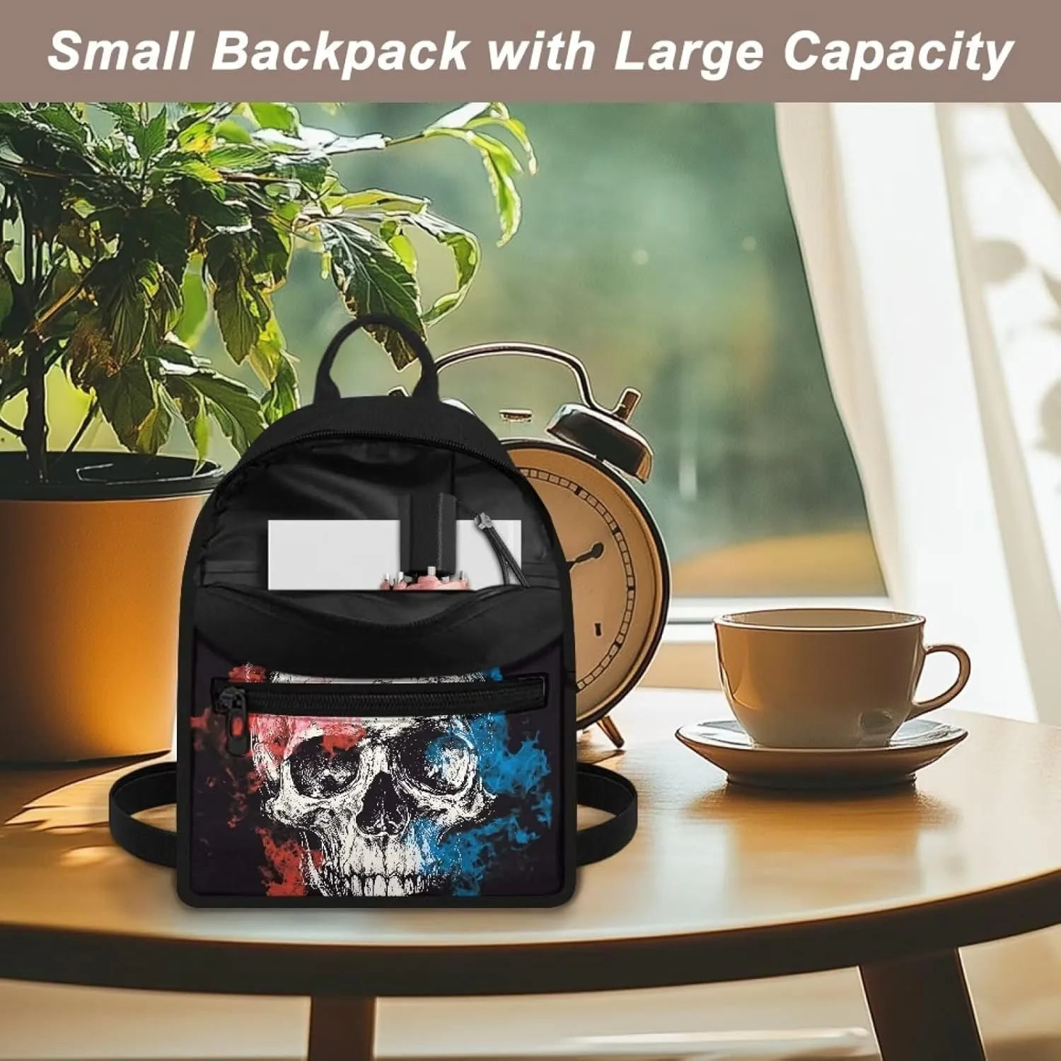 Black Cat Skull Small Backpack Purse for Women Goth Mini Backpack with Pocket Canvas Lightweight Daypack for Hiking Shopping Work