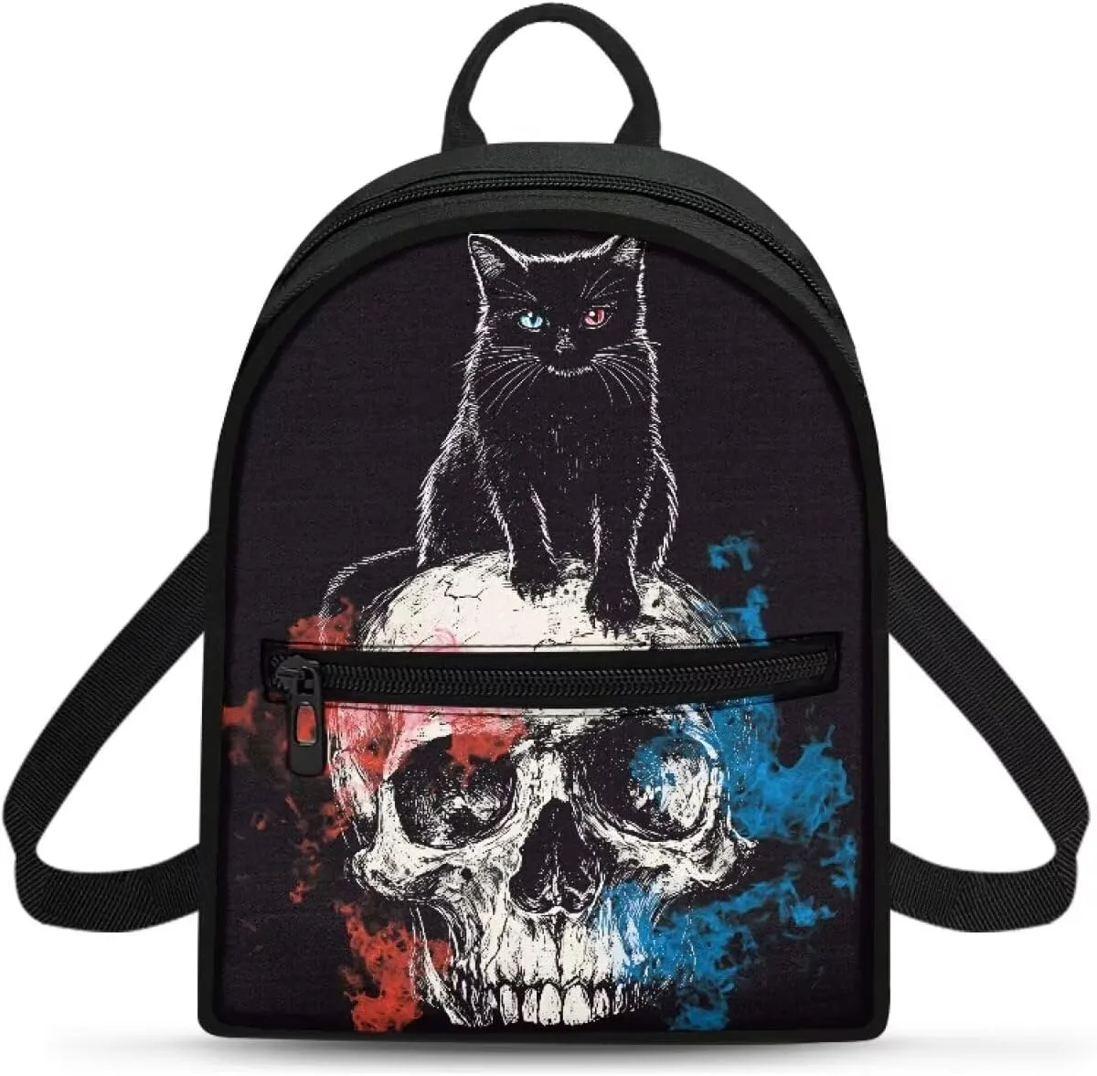 Black Cat Skull Small Backpack Purse for Women Goth Mini Backpack with Pocket Canvas Lightweight Daypack for Hiking Shopping Work