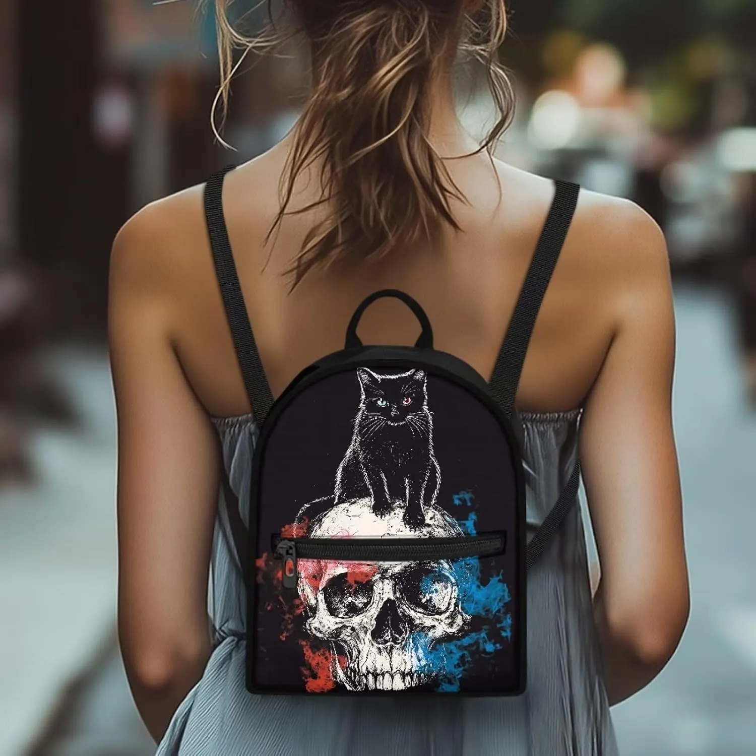 Black Cat Skull Small Backpack Purse for Women Goth Mini Backpack with Pocket Canvas Lightweight Daypack for Hiking Shopping Work