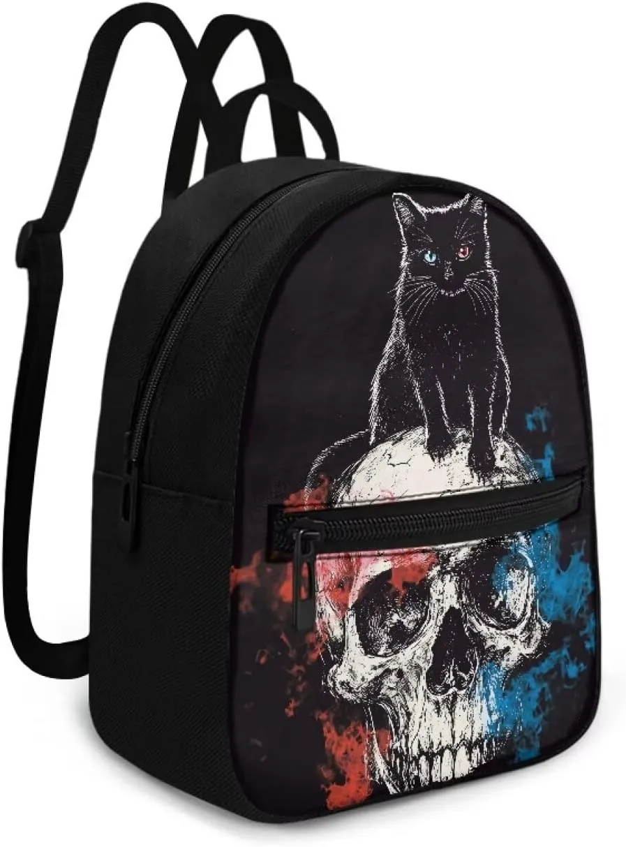 Black Cat Skull Small Backpack Purse for Women Goth Mini Backpack with Pocket Canvas Lightweight Daypack for Hiking Shopping Work