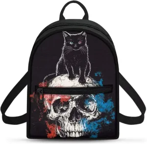 Black Cat Skull Small Backpack Purse for Women Goth Mini Backpack with Pocket Canvas Lightweight Daypack for Hiking Shopping Work