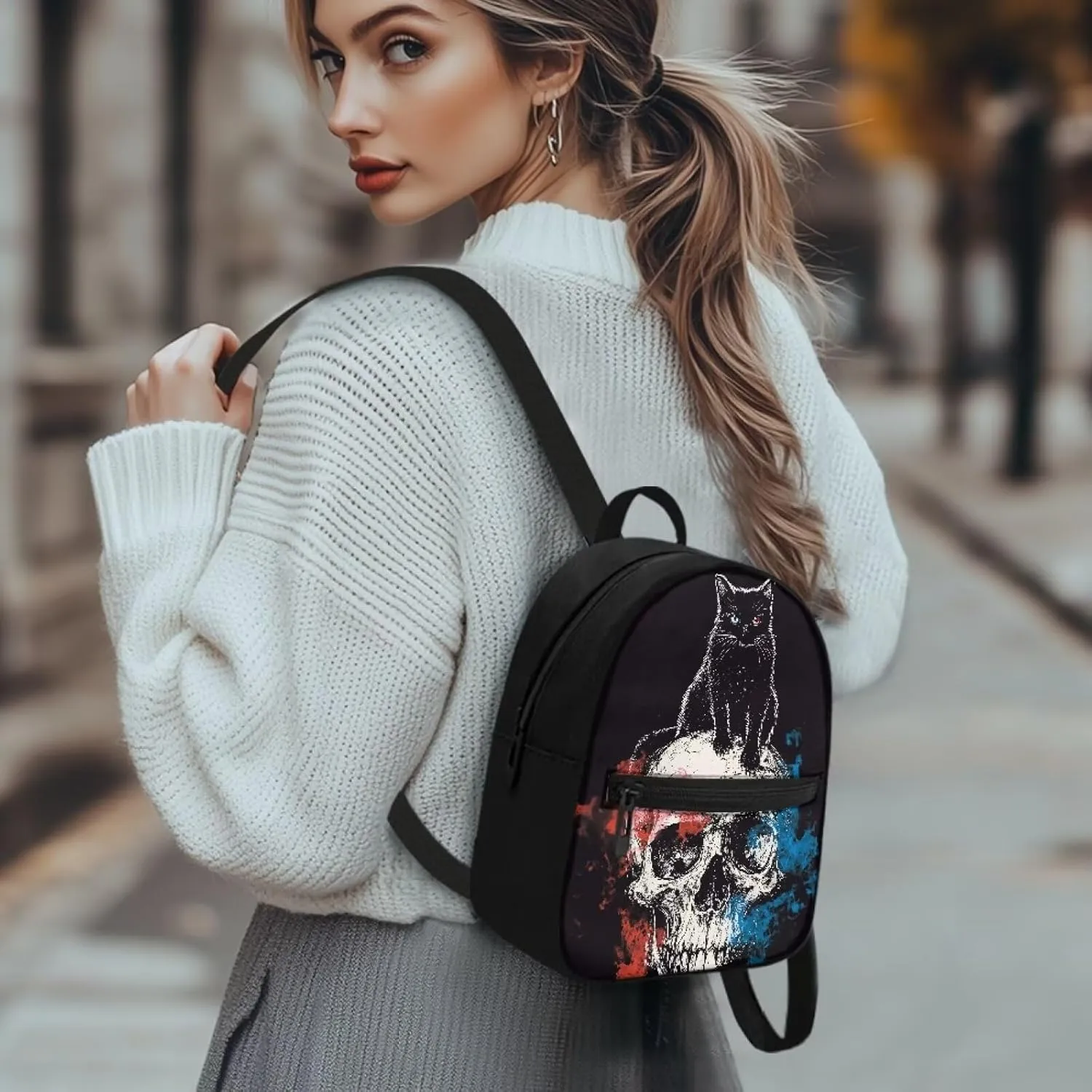 Black Cat Skull Small Backpack Purse for Women Goth Mini Backpack with Pocket Canvas Lightweight Daypack for Hiking Shopping Work