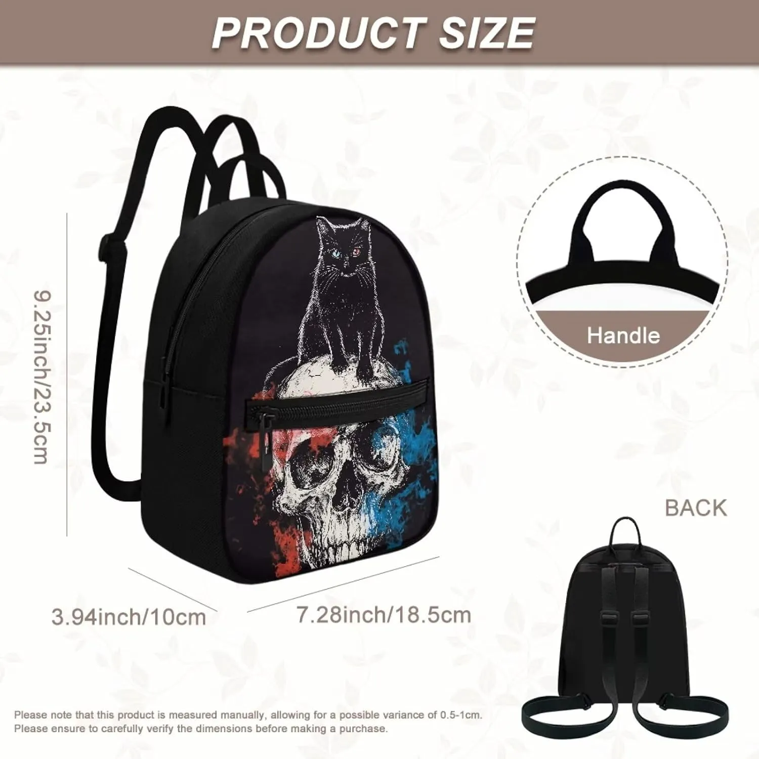 Black Cat Skull Small Backpack Purse for Women Goth Mini Backpack with Pocket Canvas Lightweight Daypack for Hiking Shopping Work