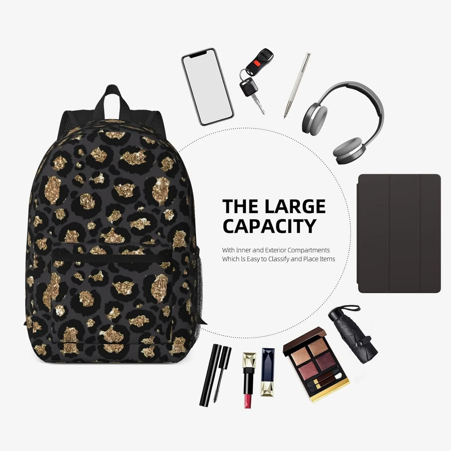 Black Leopard Print 17 Inch Backpacks Multipurpose Laptop Backpack Double Shoulder Bag for Men Women Gifts