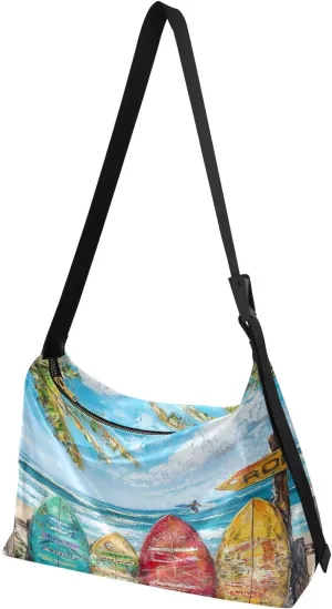 Blue Beach Surfboards Palm Hobo Shoulder Bag for Women Men PU Leather Crossbody Bag Slouchy Tote Handbags for Traveling Shopping Working