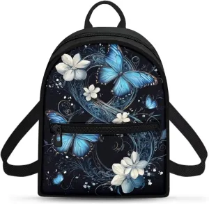 Blue Butterfly Backpack for Women Teen Girls Small Canvas Backpack Purse Casual Daypack Shoulder Bag Travel Rucksack with Adjustable Strap for Hiking Shopping Work