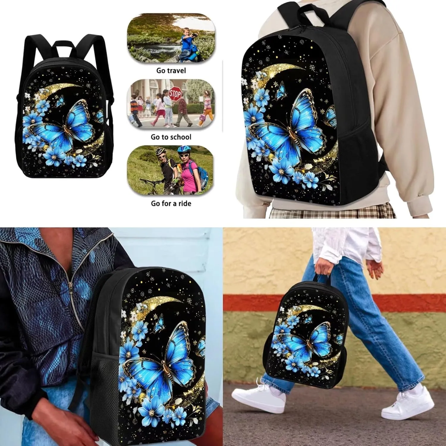 Blue Butterfly Flower Moon Print 3 PCS Children's School Bags for Girls Boys Elementary School Backpack for Boys Girls Travel Backpacks Bookbag Lunch Tote Bag Pen Case, Black