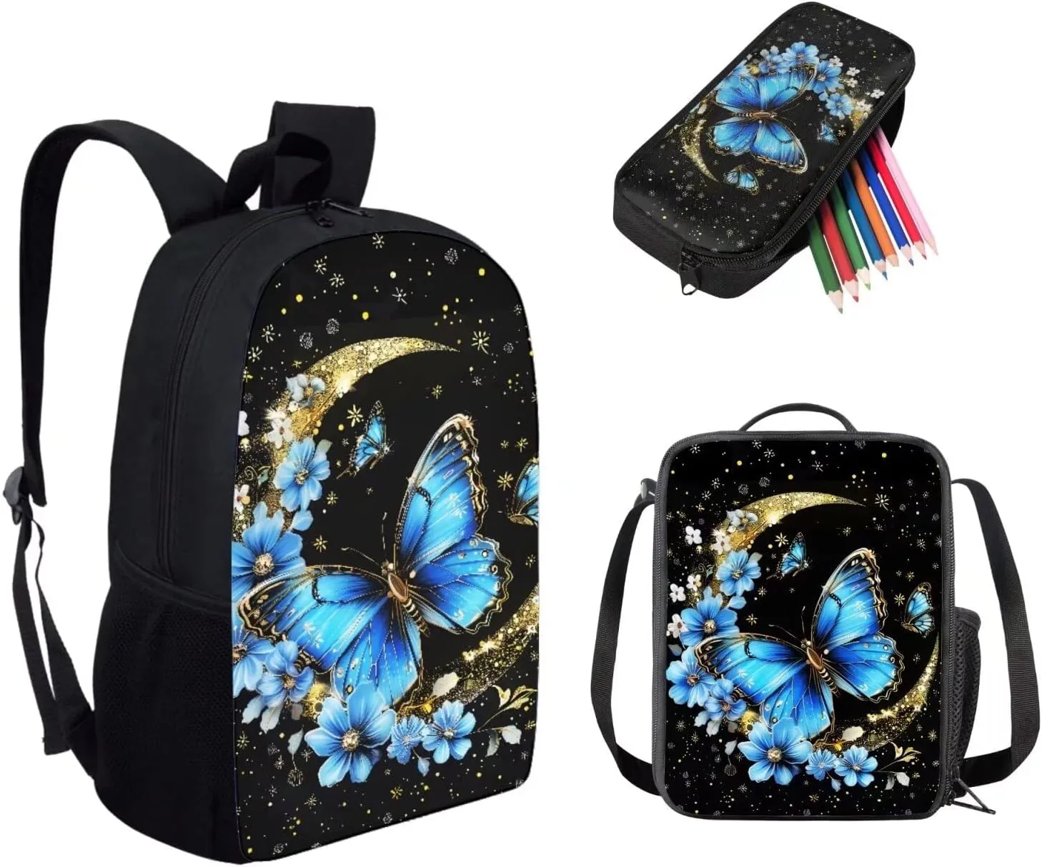 Blue Butterfly Flower Moon Print 3 PCS Children's School Bags for Girls Boys Elementary School Backpack for Boys Girls Travel Backpacks Bookbag Lunch Tote Bag Pen Case, Black