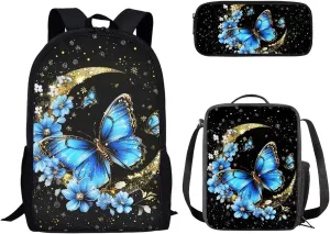 Blue Butterfly Flower Moon Print 3 PCS Children's School Bags for Girls Boys Elementary School Backpack for Boys Girls Travel Backpacks Bookbag Lunch Tote Bag Pen Case, Black