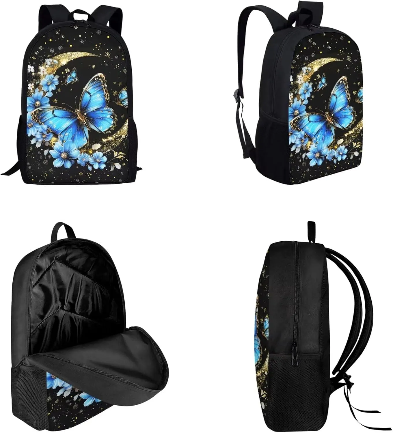Blue Butterfly Flower Moon Print 3 PCS Children's School Bags for Girls Boys Elementary School Backpack for Boys Girls Travel Backpacks Bookbag Lunch Tote Bag Pen Case, Black