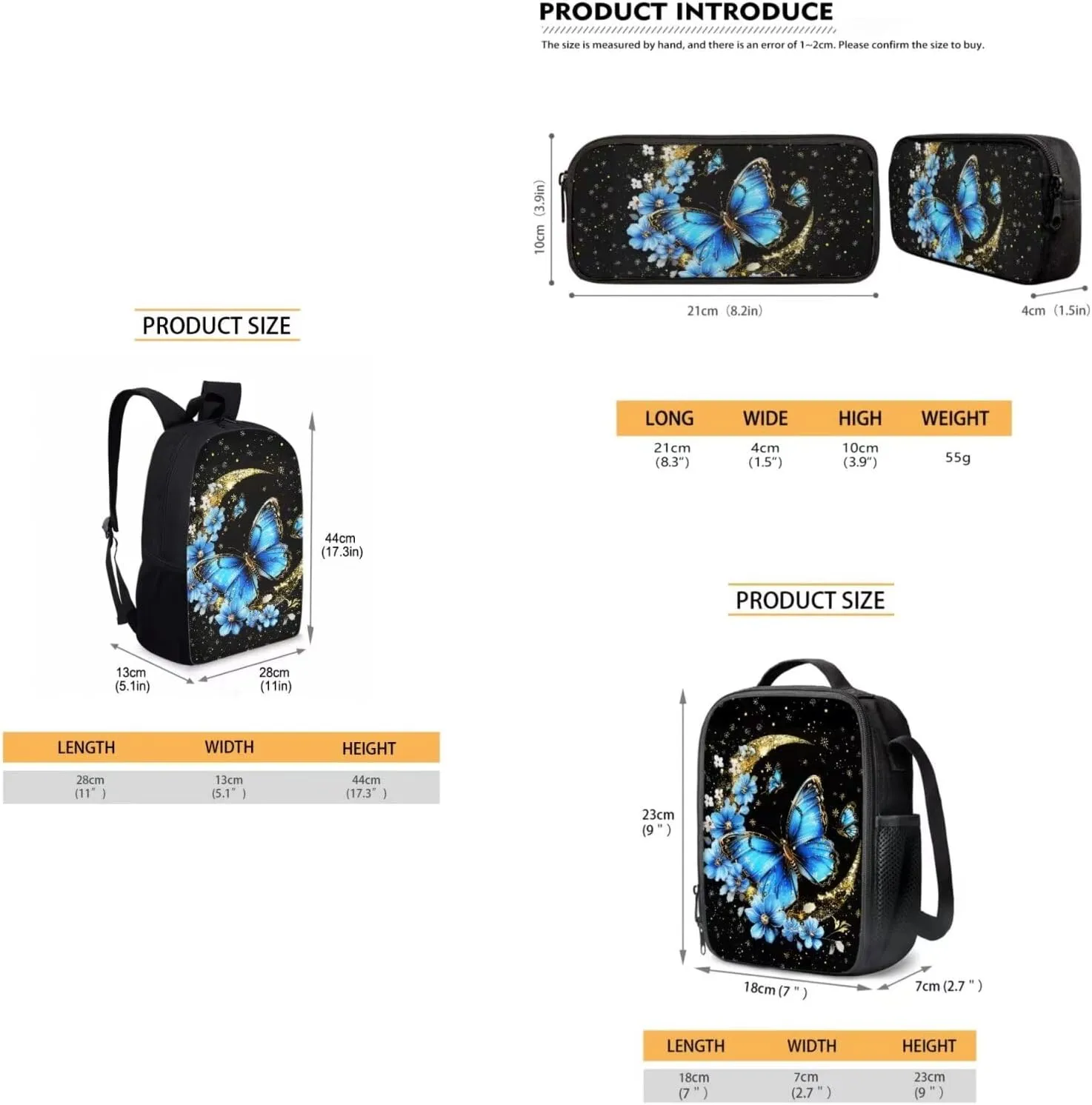Blue Butterfly Flower Moon Print 3 PCS Children's School Bags for Girls Boys Elementary School Backpack for Boys Girls Travel Backpacks Bookbag Lunch Tote Bag Pen Case, Black