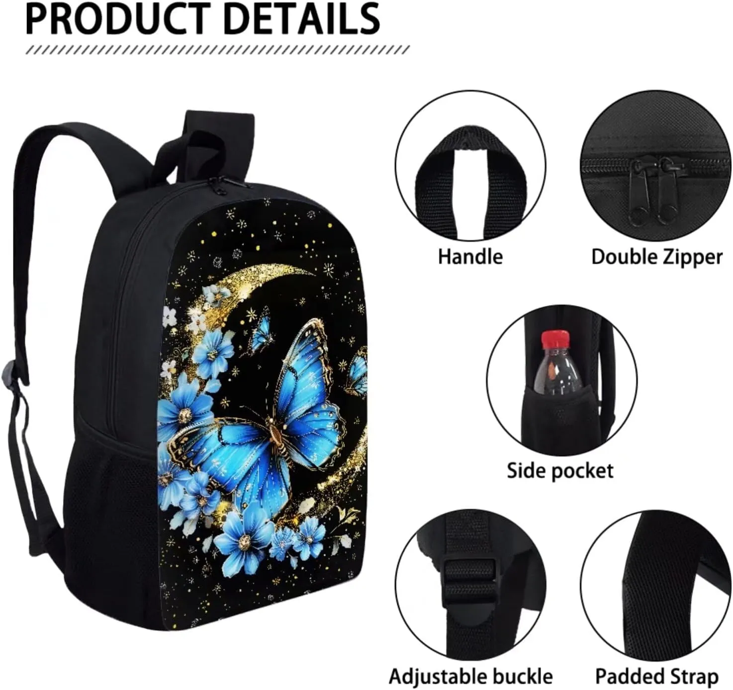 Blue Butterfly Flower Moon Print 3 PCS Children's School Bags for Girls Boys Elementary School Backpack for Boys Girls Travel Backpacks Bookbag Lunch Tote Bag Pen Case, Black
