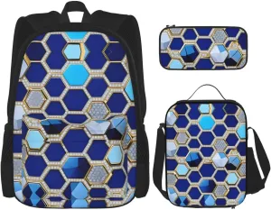 Blue Hexagons And Diamond Print Comfortable Adjustable Shoulder Casual Fashion Backpack Lunch Bag Pencil Case
