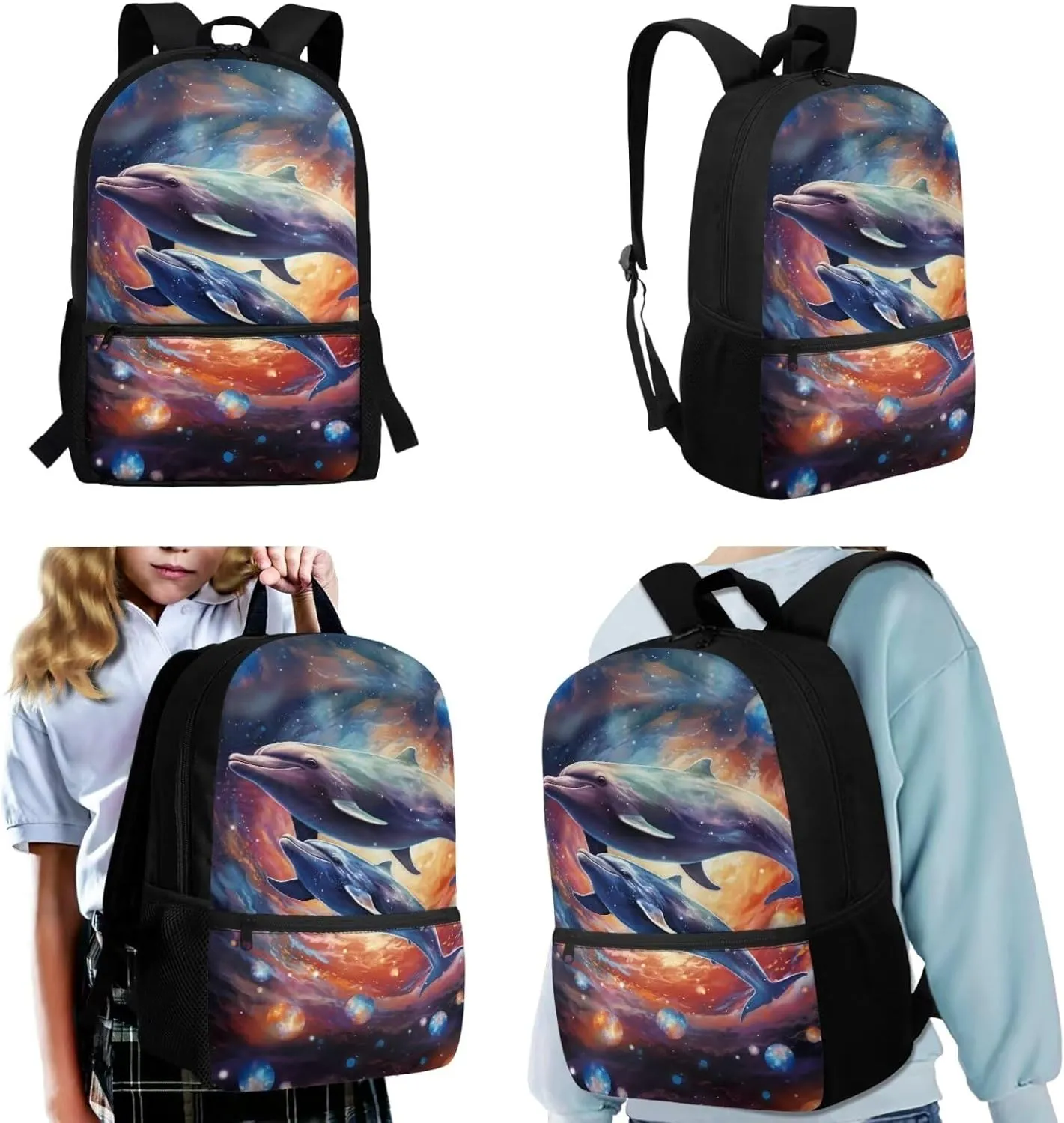 Blue Sea Dolphin 3 in 1 School Backpack for Elementary Kindergarten Girls Boys Big Capacity Teens 17 inch Bookbag Set with Lunchbox Pencil Case Middle School Schoolbag School Supplies