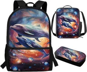 Blue Sea Dolphin 3 in 1 School Backpack for Elementary Kindergarten Girls Boys Big Capacity Teens 17 inch Bookbag Set with Lunchbox Pencil Case Middle School Schoolbag School Supplies