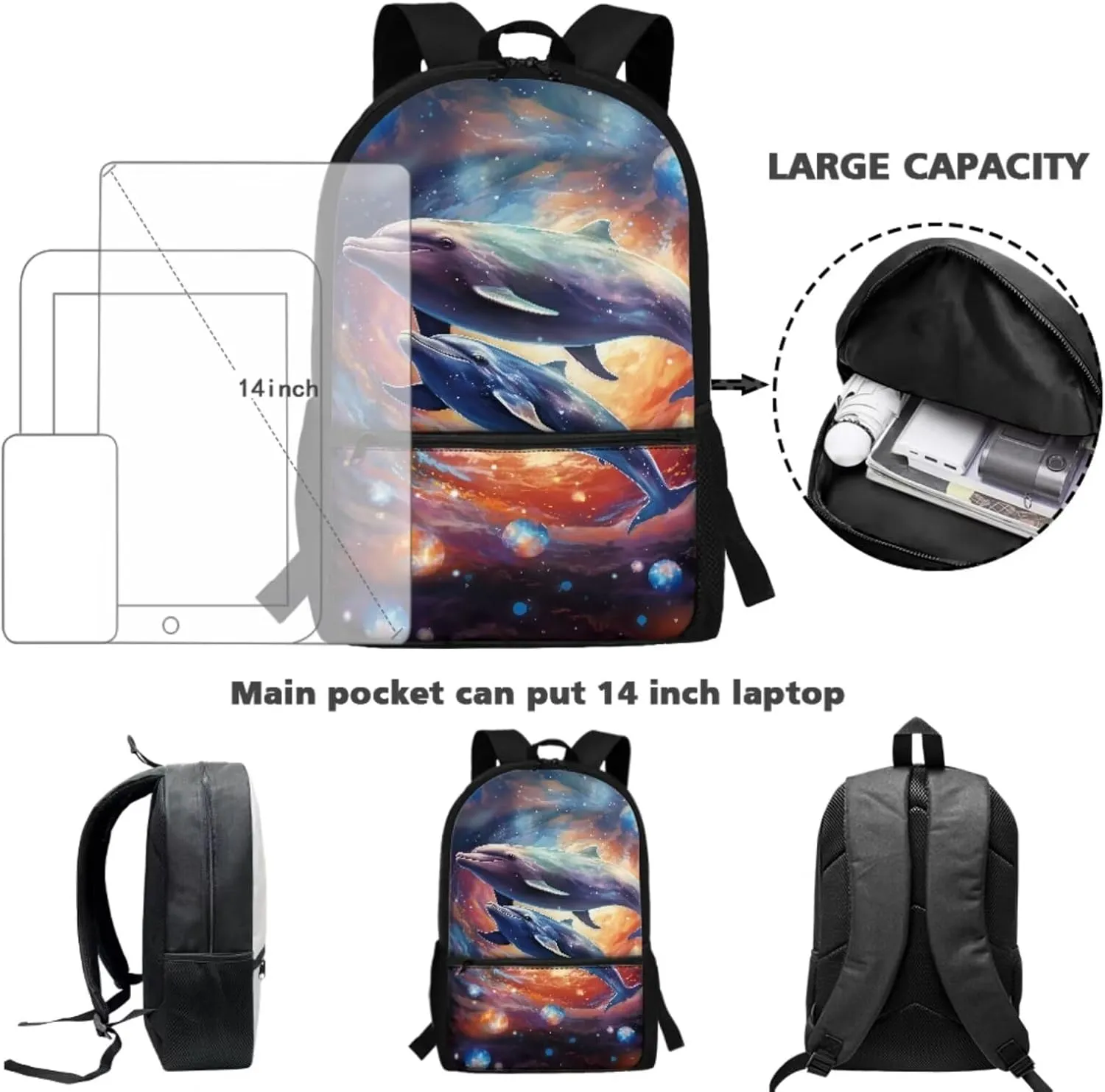 Blue Sea Dolphin 3 in 1 School Backpack for Elementary Kindergarten Girls Boys Big Capacity Teens 17 inch Bookbag Set with Lunchbox Pencil Case Middle School Schoolbag School Supplies