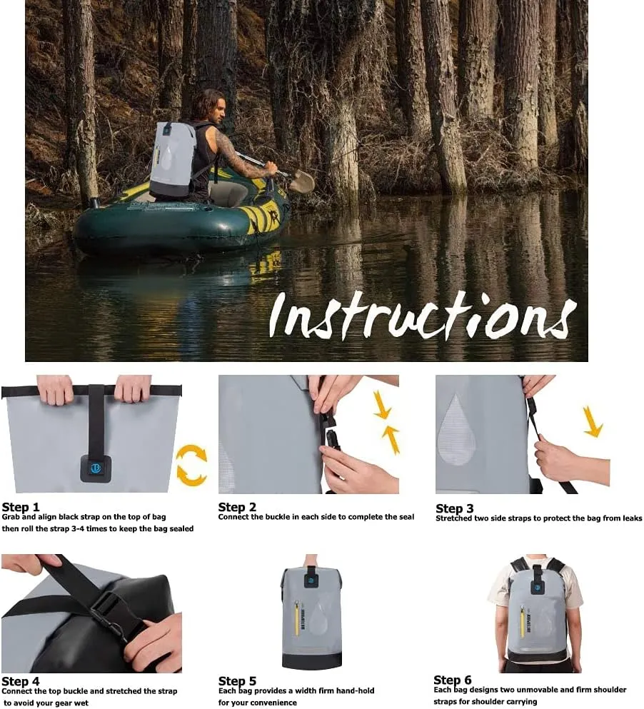 Blueshyhall 20L Waterproof Dry Backpack, Outdoor Travel Roll Top Closure Water Repellent Duffle Storage Sack for Kayaking Rafting Boating Fishing Camping and Beach - Grey