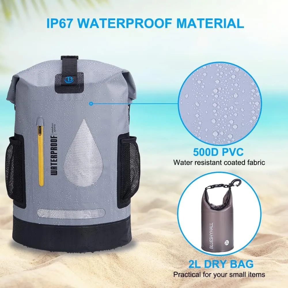 Blueshyhall 30L Waterproof Dry Backpack, Outdoor Travel Roll Top Closure Water Repellent Duffle Storage Sack for Kayaking Rafting Boating Fishing Camping and Beach - Grey