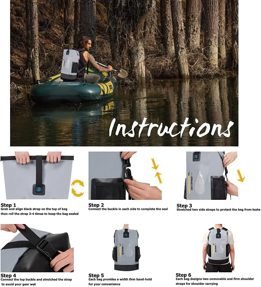 Blueshyhall 30L Waterproof Dry Backpack, Outdoor Travel Roll Top Closure Water Repellent Duffle Storage Sack for Kayaking Rafting Boating Fishing Camping and Beach - Grey